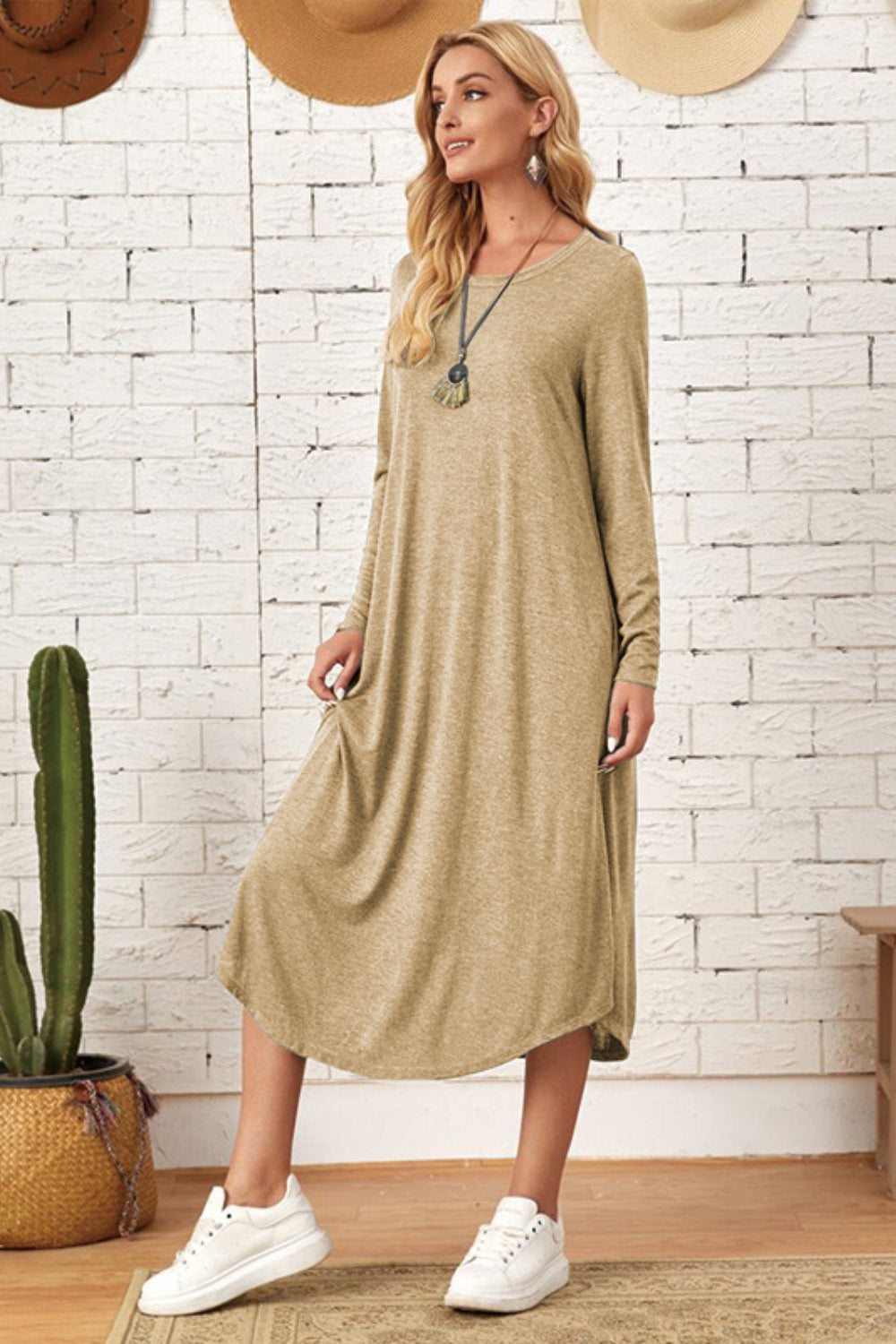 Pocketed Round Neck Long Sleeve Tee Dress **also in grey, black, burgundy, yellow green, and dusty blue