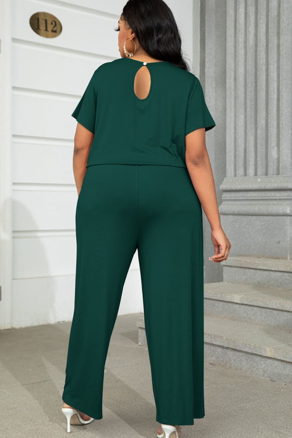 Plus Size Drawstring Waist Short Sleeve Jumpsuit **also in forest, wine, moss, and tan