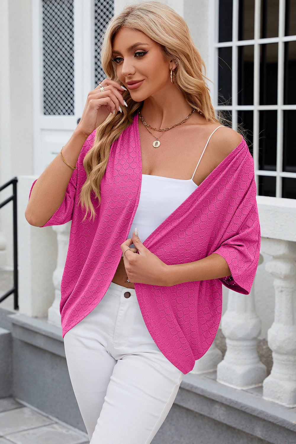 Eyelet Open Front Half Sleeve Cardigan **also in hot pink, white, blush, black, green, & lavendar