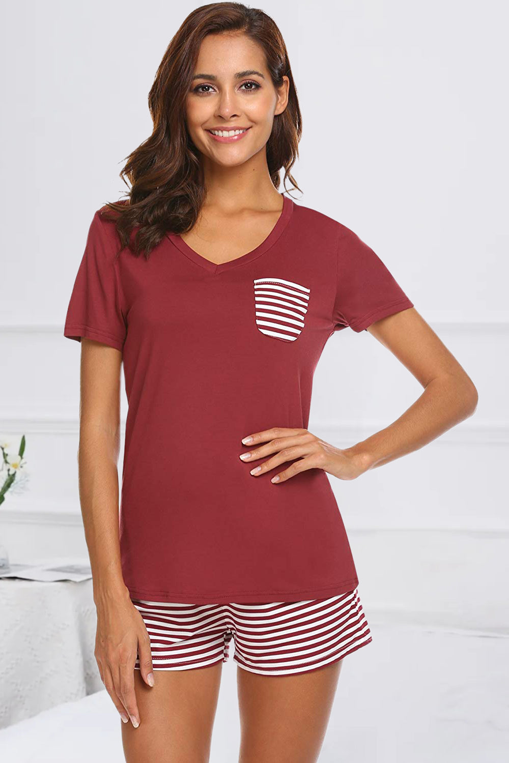 Striped Short Sleeve Top and Shorts Lounge Set *also in black, grey, teal, violet, and turquoise