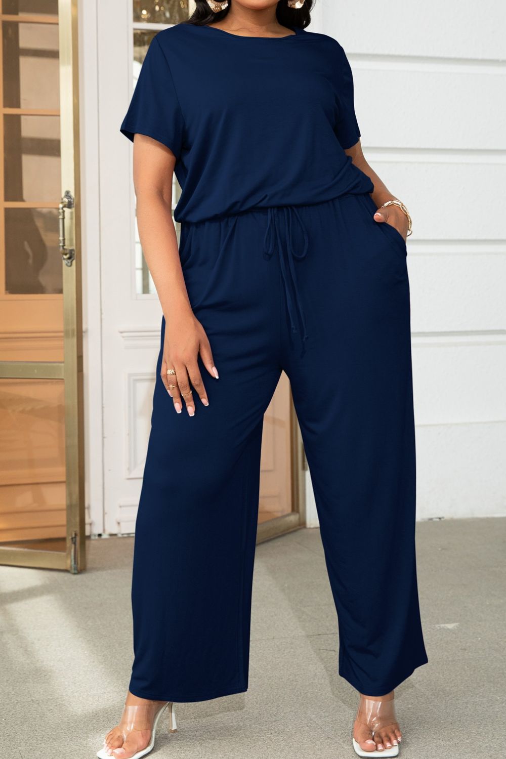 Plus Size Drawstring Waist Short Sleeve Jumpsuit **also in forest, wine, moss, and tan