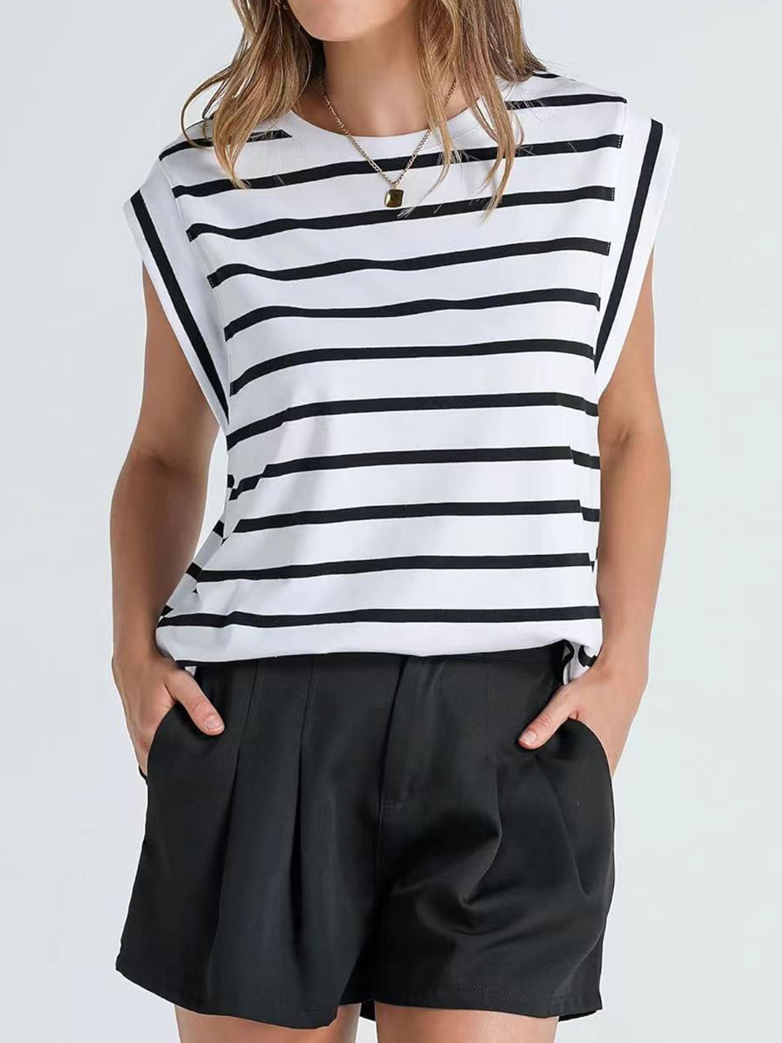 Nautical Striped Round Neck Cap Sleeve T-Shirt **also in red, cloudy blue, white, and navy