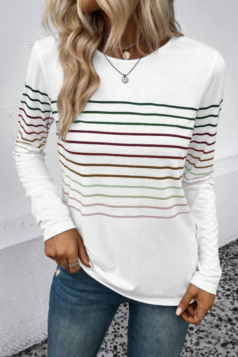 Striped Round Neck Long Sleeve T-Shirt **also in black, green, teal, grey, and burgundy