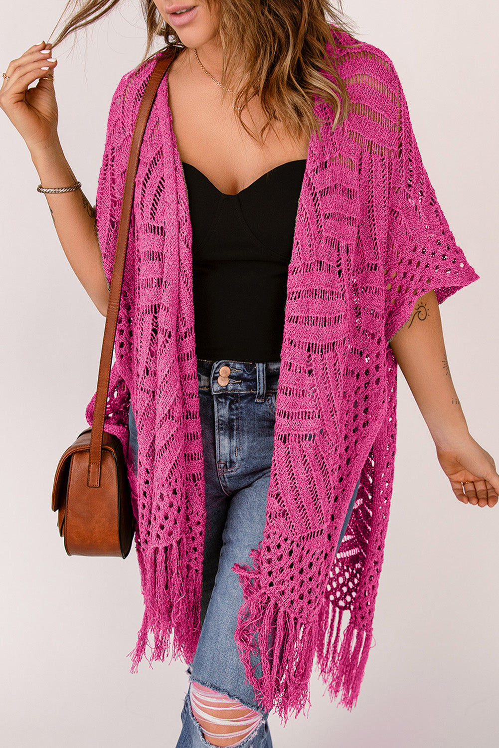 SYNZ Openwork Open Front Cardigan with Fringes **also in light or dark blue, lavender, and dark green