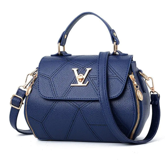 VL genuine leather handbags with shoulder strap in navy. Available in many color options.