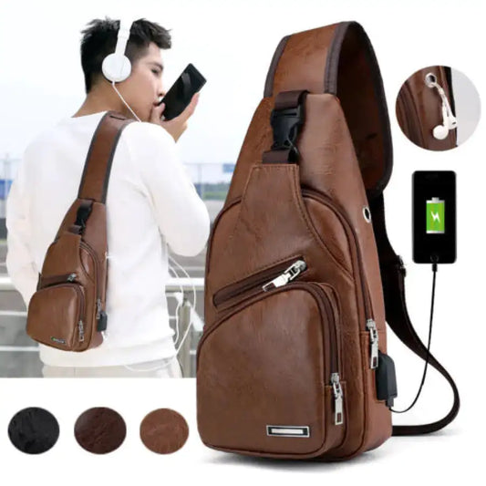 Brazil Gabana vegan leather unisex crossbody/chest bag in warm brown with a USB connection for battery charger, spot on top for headphone cords.