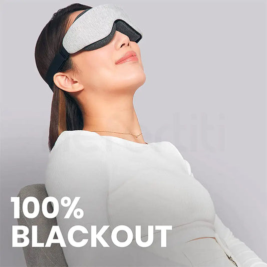 Brunette model showing an eye mask with lash guard and blackout coverage.