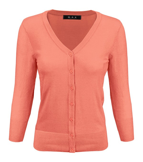 3/4 Sleeve V-Neck Button Down Knit Plus Size Cardigan Sweater **available in 29 colors!