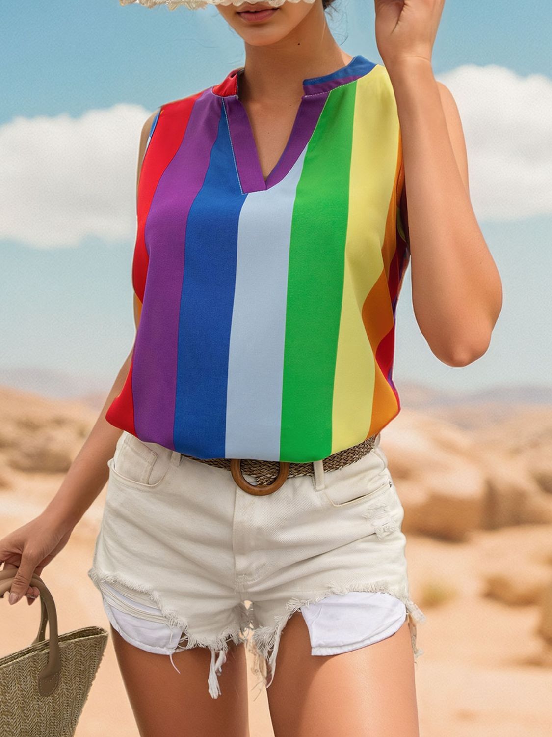 Color Block Notched Sleeveless Tank *also available in camel stripe