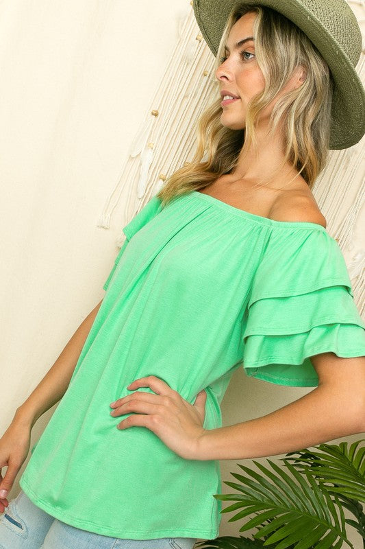 PLUS OFF SHOULDER TIERED RUFFLE TOP **also in hot pink, heather, ivory, and mint