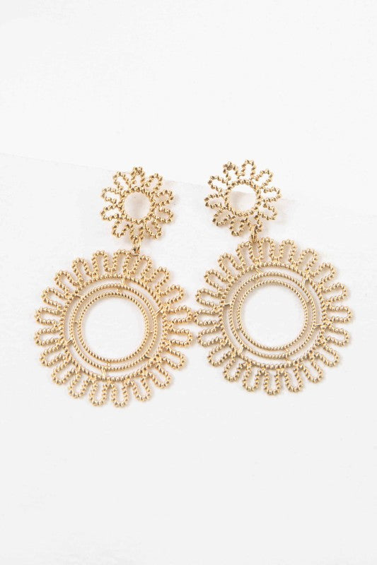 Gold lace flower drop earrings with small flower on top and large flower on bottom.