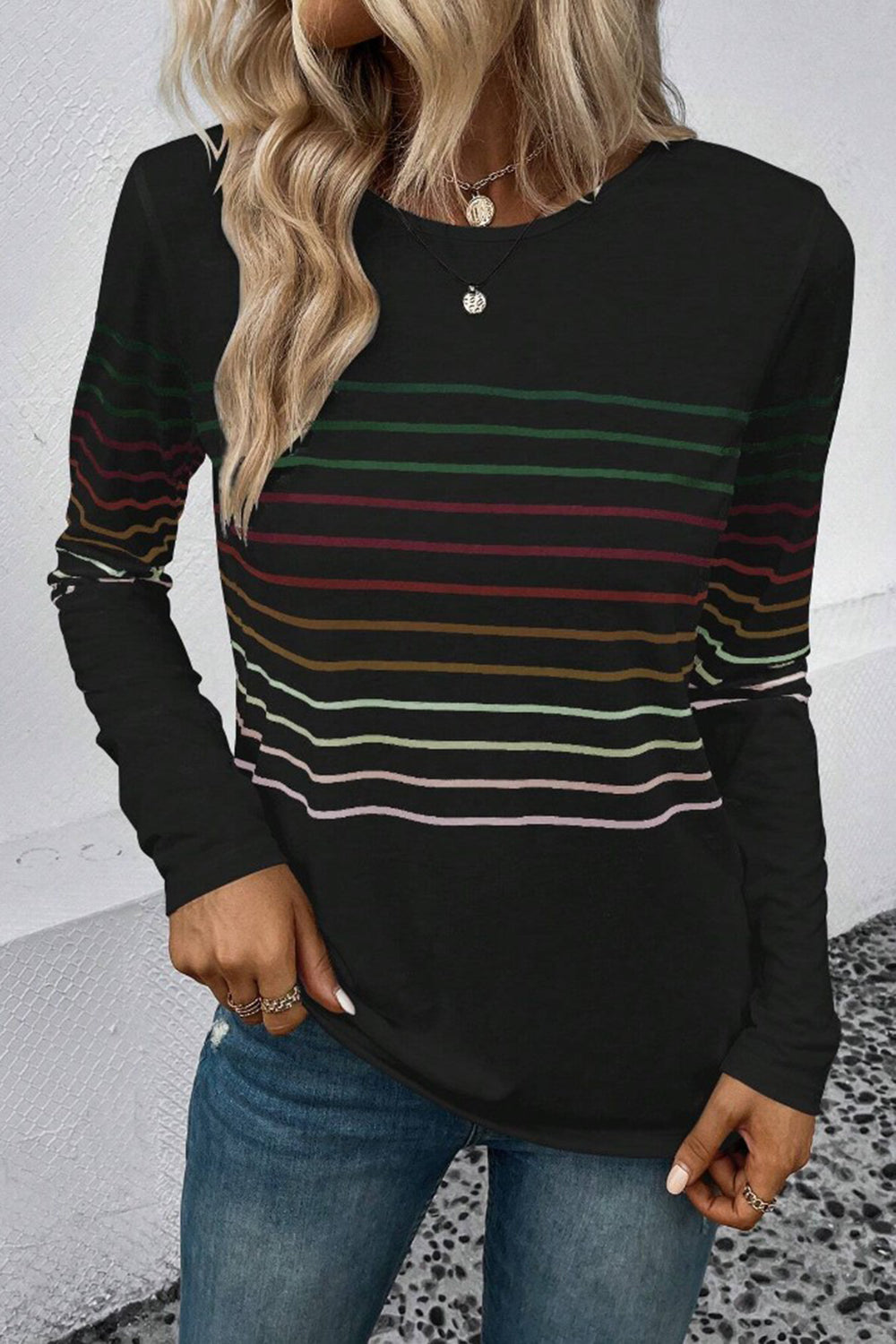 Striped Round Neck Long Sleeve T-Shirt **also in black, green, teal, grey, and burgundy