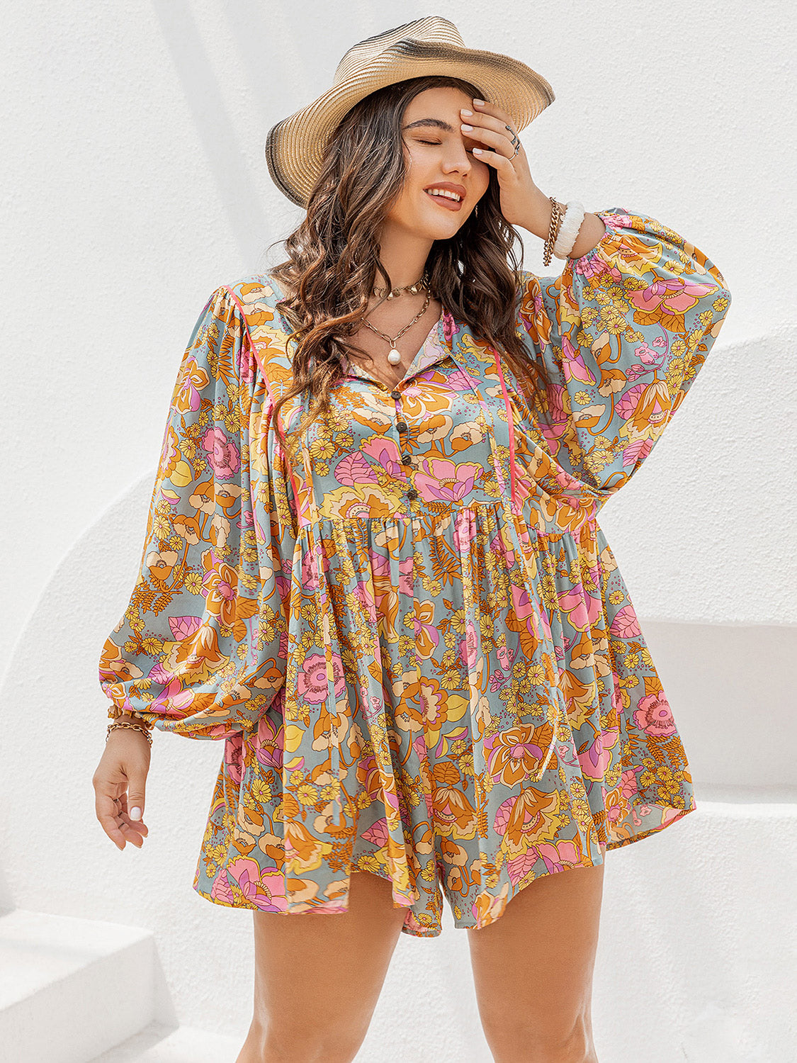 Plus Size Floral Tie Neck Balloon Sleeve Romper **also in pumpkin and pastel blue