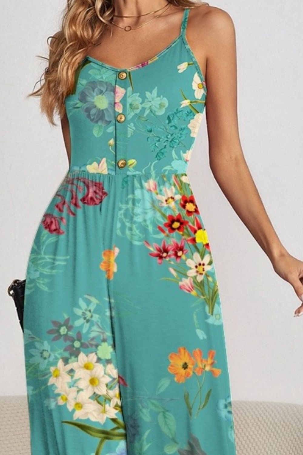 Floral Print Decorative Button Spaghetti Strap Wide Leg Jumpsuit