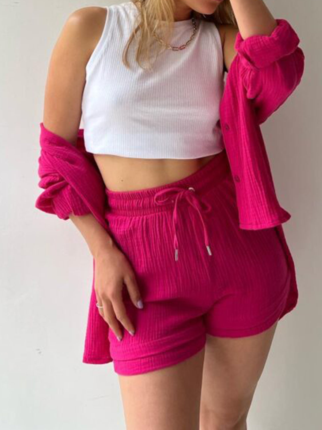 Texture Button Up Shirt and Drawstring Shorts Set **available in 11 colors