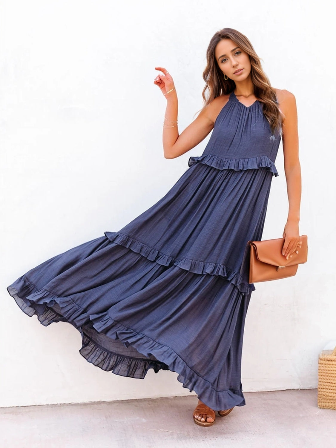 Full Size Ruffled Sleeveless Tiered Maxi Dress with Pockets **available in 8 colors