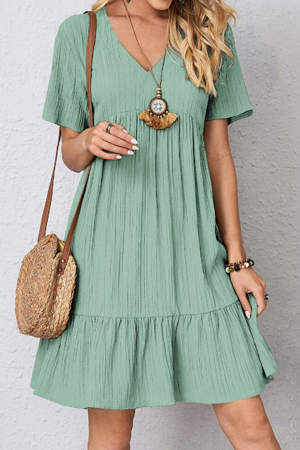 Full Size Ruched V-Neck Short Sleeve Dress **available in 7 colors