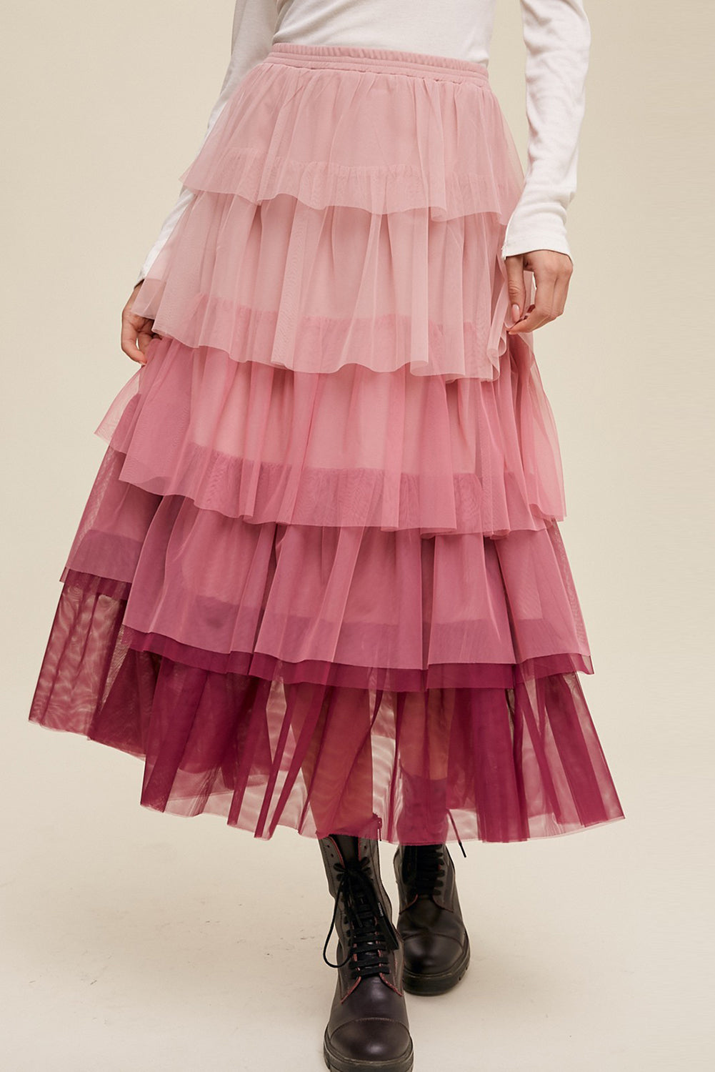 SYNZ Elastic Waist Layered Tulle Midi Skirt