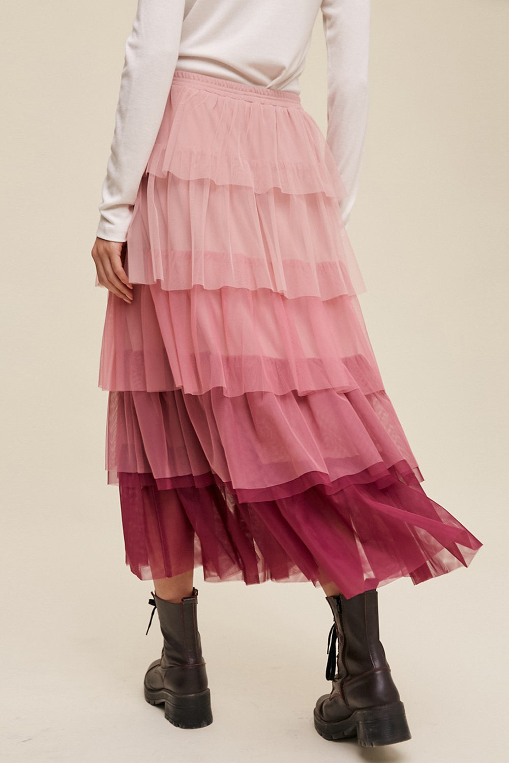 SYNZ Elastic Waist Layered Tulle Midi Skirt