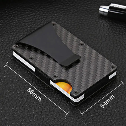 Carbon fiber credit card holder wallet with back clip, rfid blocking, and a slim and portable hard case.