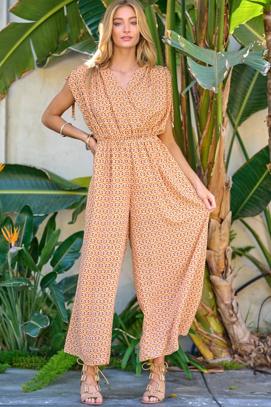 Davi & Dani Printed V-Neck Sleeveless Jumpsuit