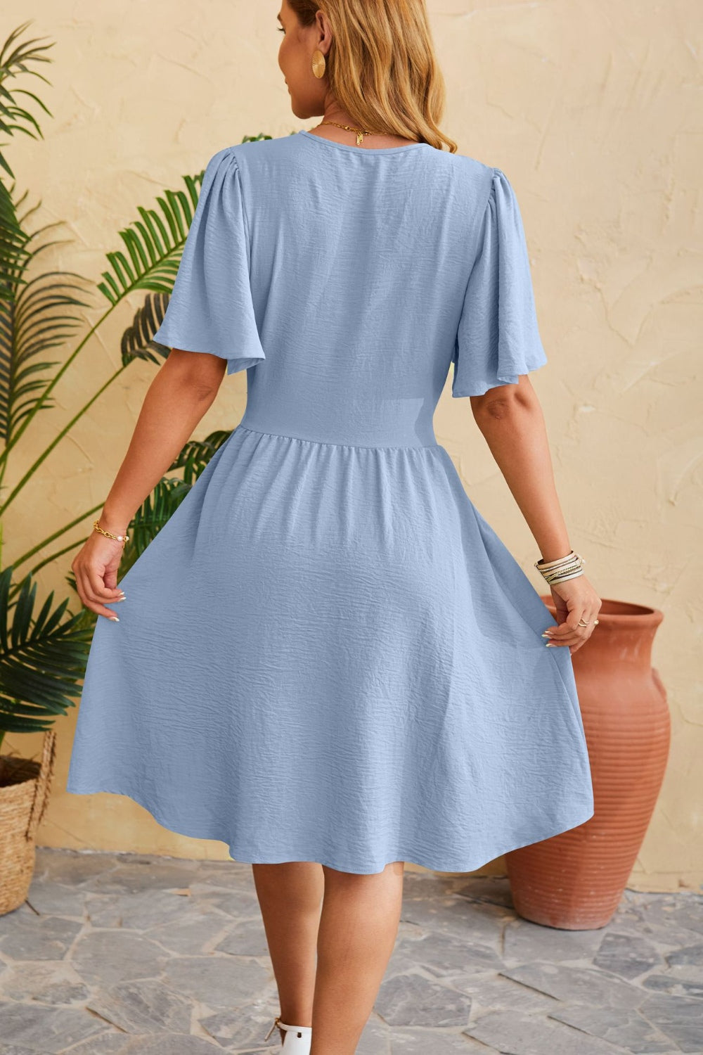 Ruched Surplice Short Sleeve Dress **also in light blue, black, and white