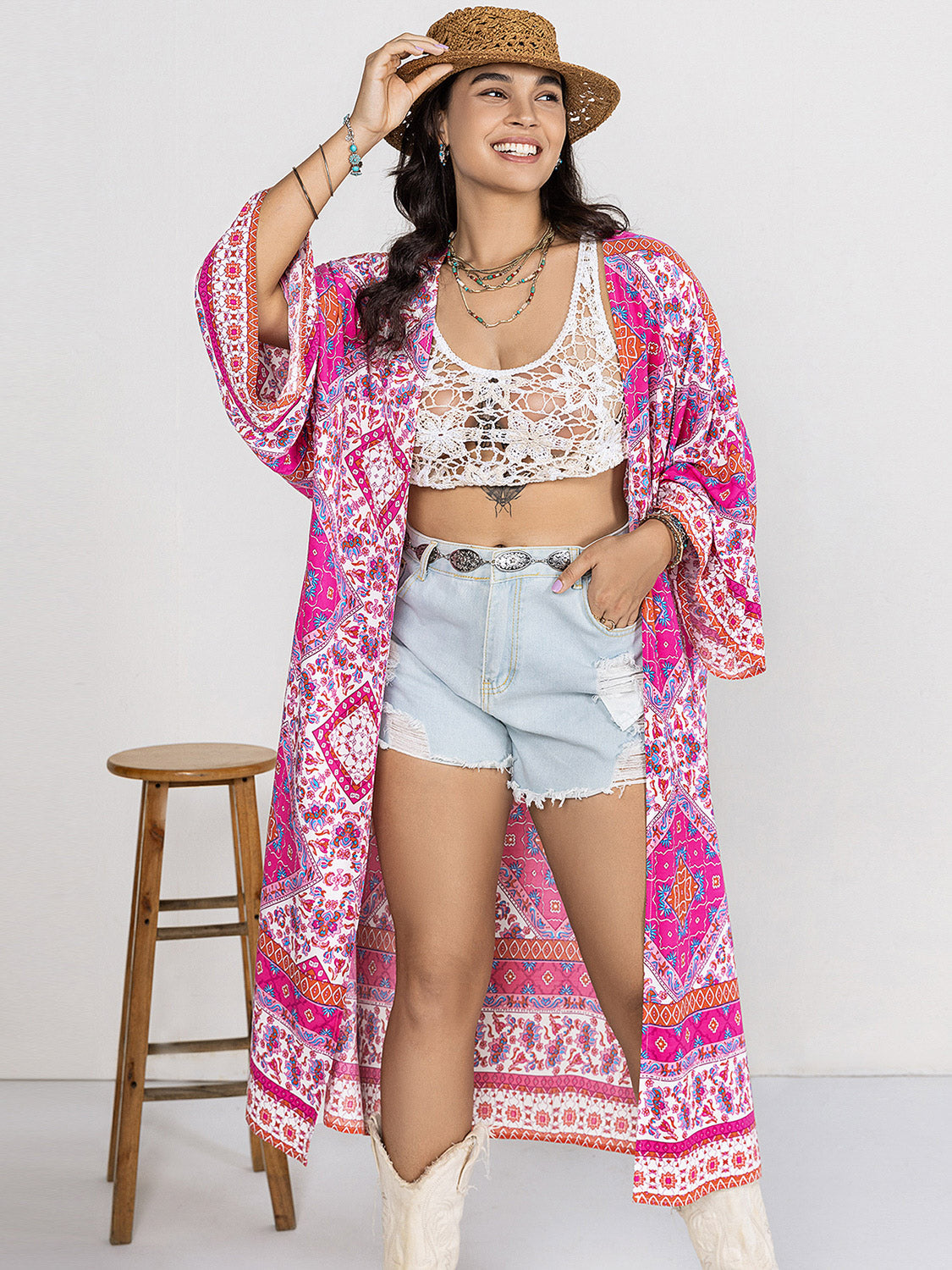 Double Take Plus Size Printed Open Front Longline Kimono **also in yellow and hot pink