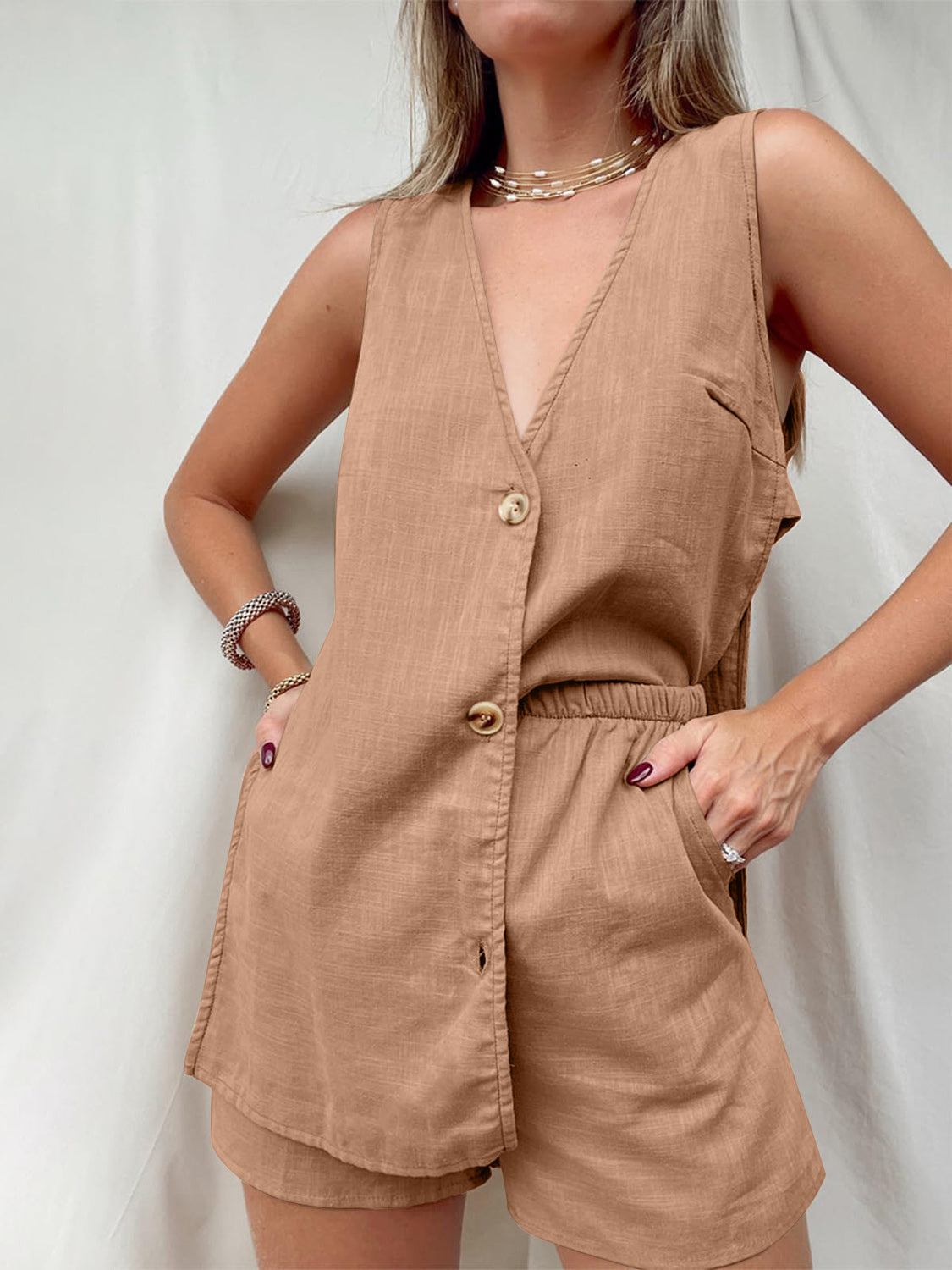 Full Size Button Up Top and Shorts Set **also in black, camel, olive, coral, and red