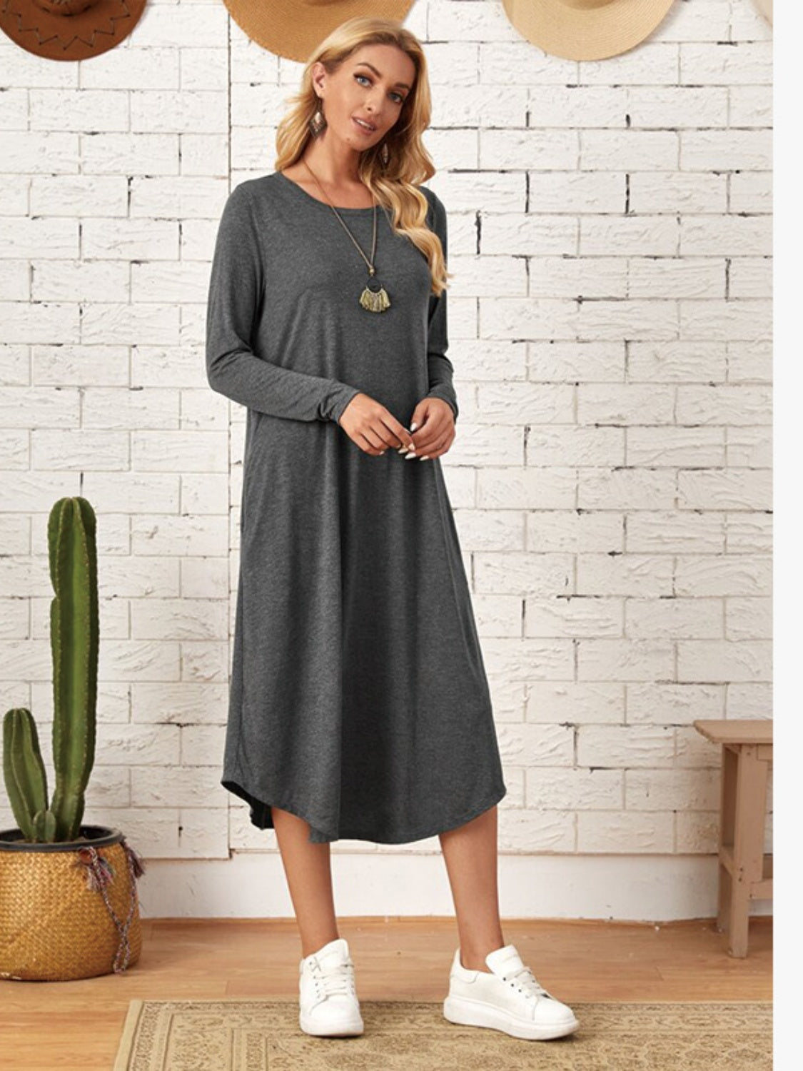 Pocketed Round Neck Long Sleeve Tee Dress **also in grey, black, burgundy, yellow green, and dusty blue