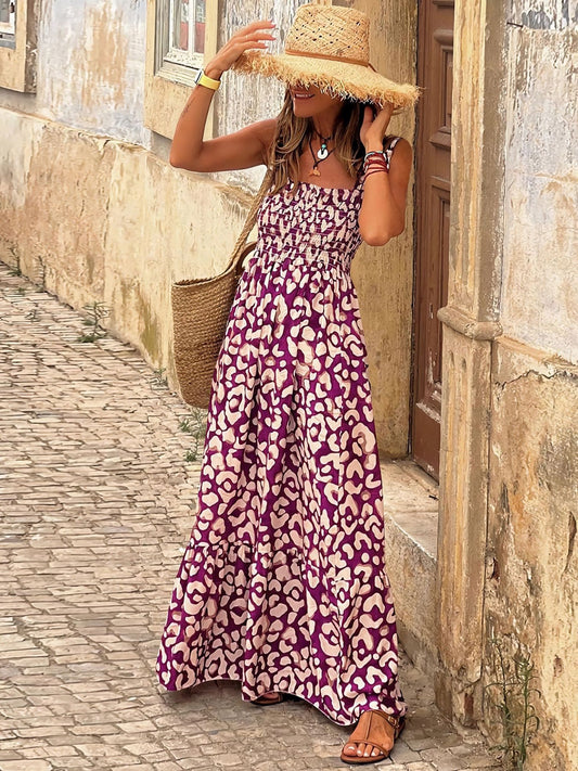 Smocked Printed Square Neck Sleeveless Dress **also in green, black forest, floral, red, gum leaf, and strawberry