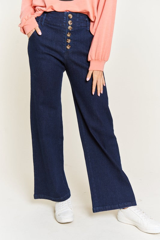 High Waist button front denim jeans with wide leg against a white background.