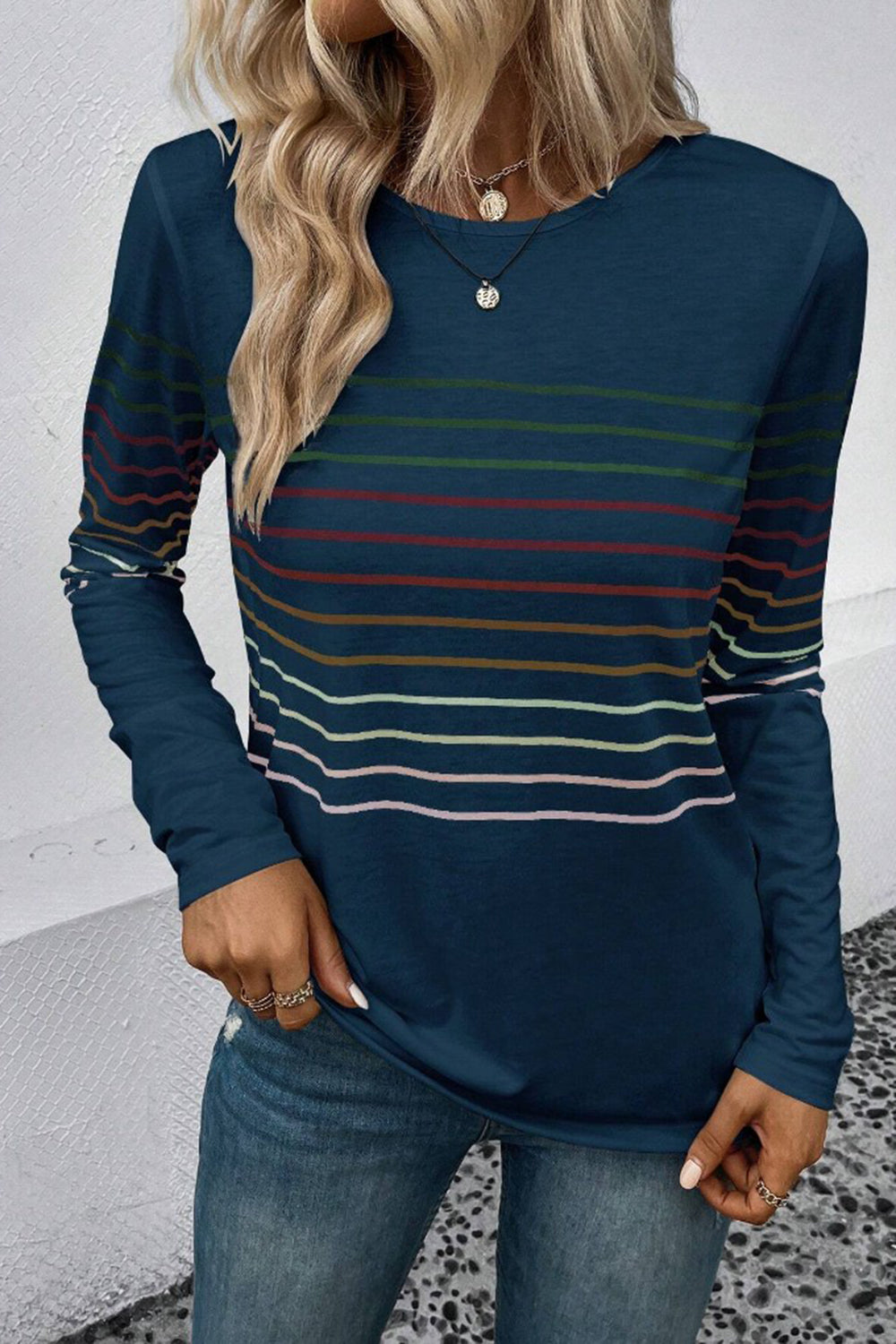 Striped Round Neck Long Sleeve T-Shirt **also in black, green, teal, grey, and burgundy