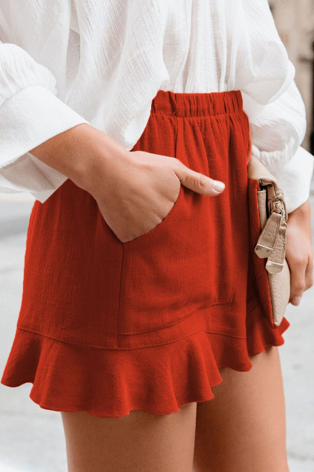 Full Size Ruffled Elastic Waist Shorts **also in black, grey, green, navy, and red