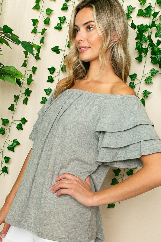 PLUS OFF SHOULDER TIERED RUFFLE TOP **also in hot pink, heather, ivory, and mint