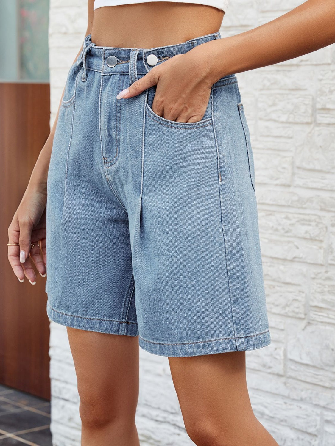 High Waist Denim Shorts with Pockets **available in light or medium denim