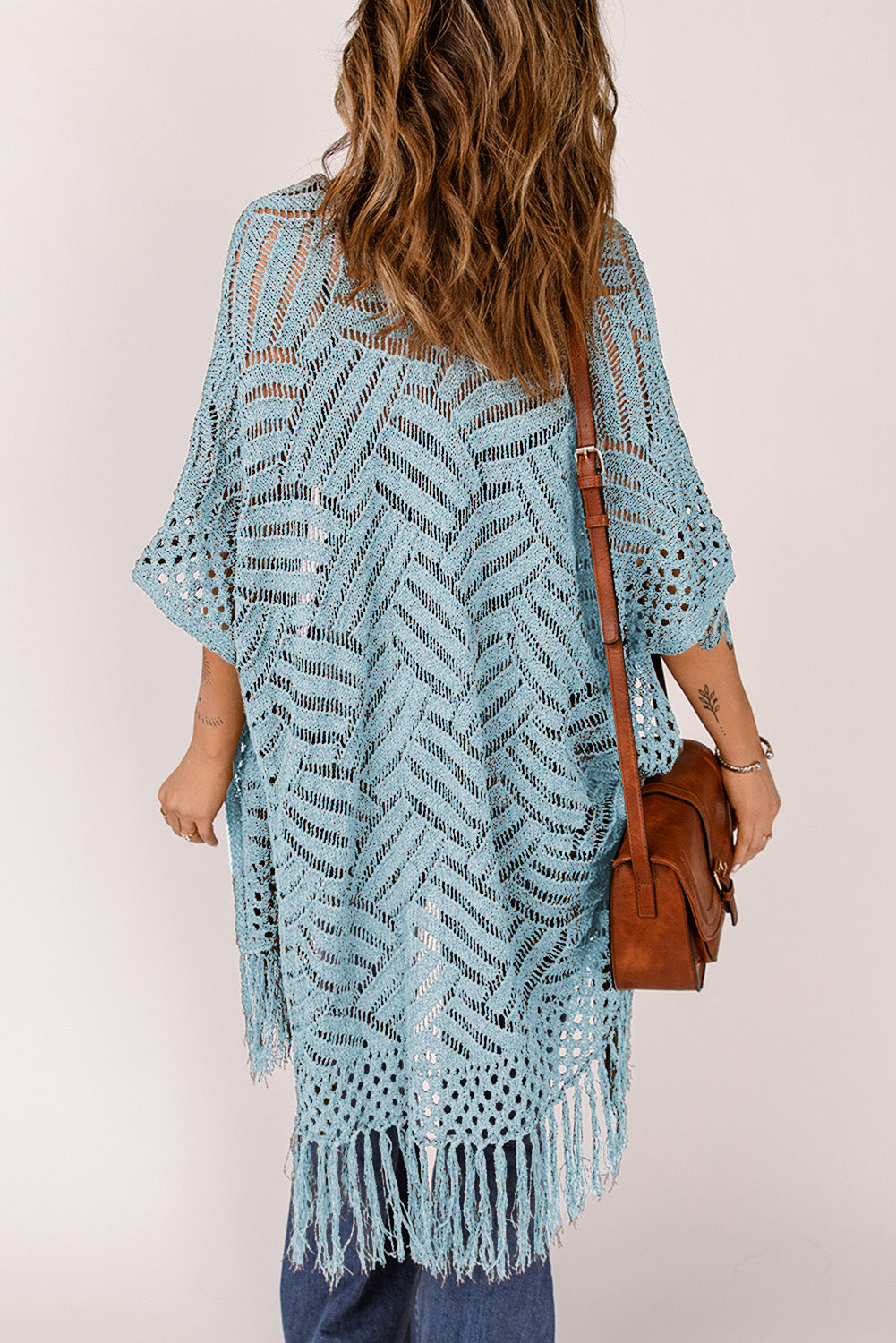 SYNZ Openwork Open Front Cardigan with Fringes **also in light or dark blue, lavender, and dark green