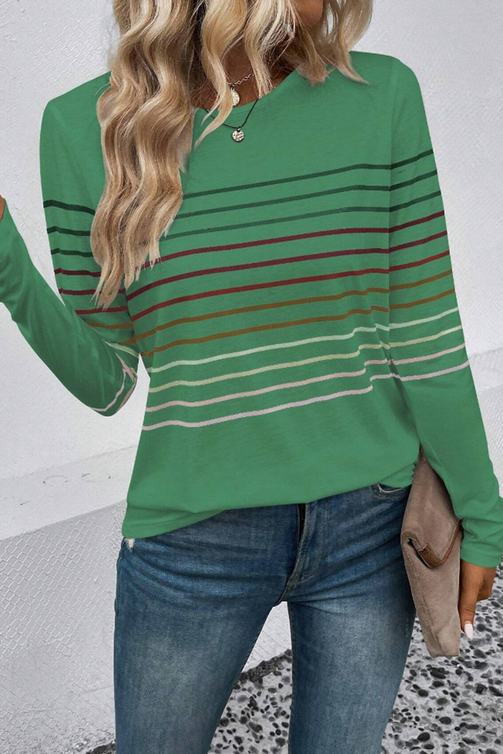 Striped Round Neck Long Sleeve T-Shirt **also in black, green, teal, grey, and burgundy