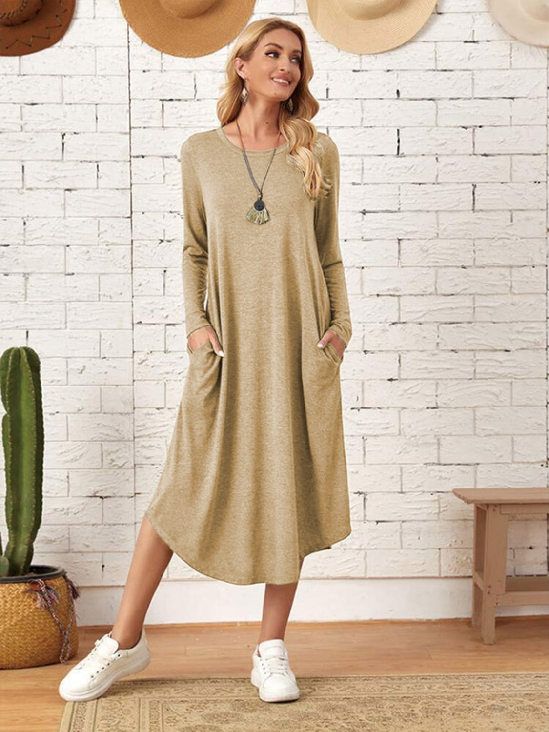 Pocketed Round Neck Long Sleeve Tee Dress **also in grey, black, burgundy, yellow green, and dusty blue