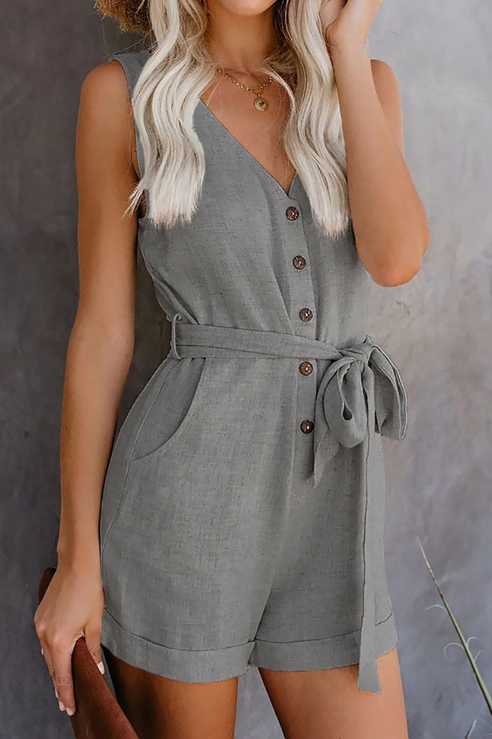 Full Size Tied V-Neck Sleeveless Romper with Pockets **available in 10 colors