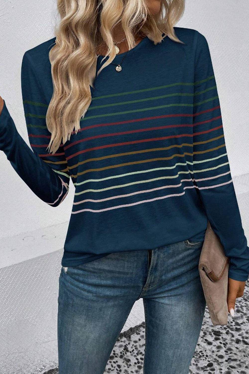 Striped Round Neck Long Sleeve T-Shirt **also in black, green, teal, grey, and burgundy