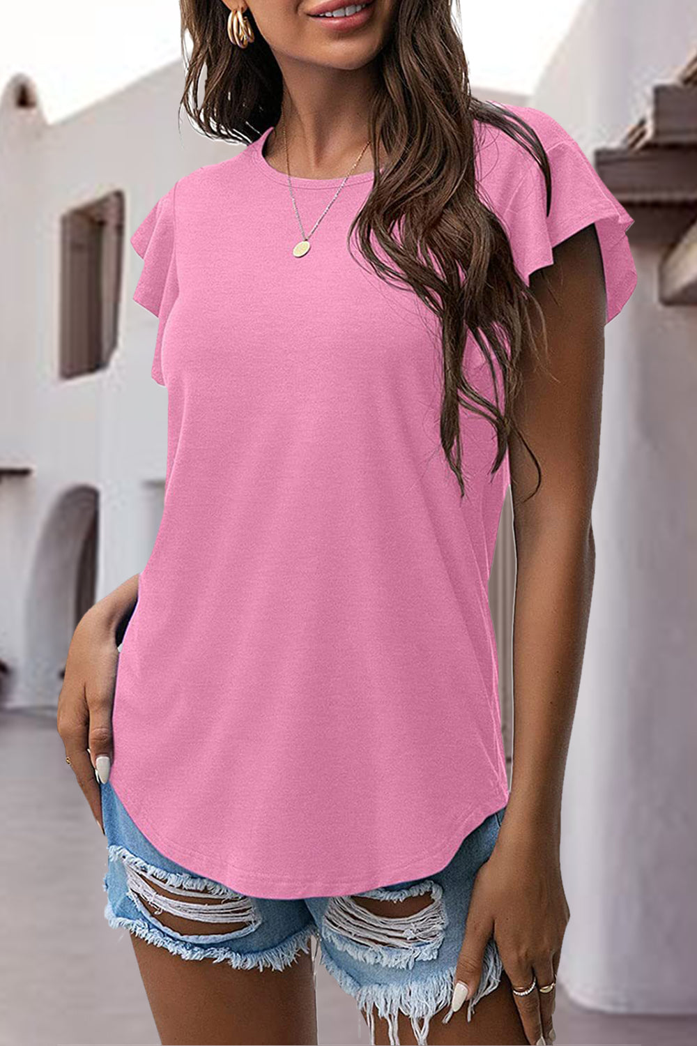 Ruffled Round Neck Cap Sleeve Tee **available in 12 colors