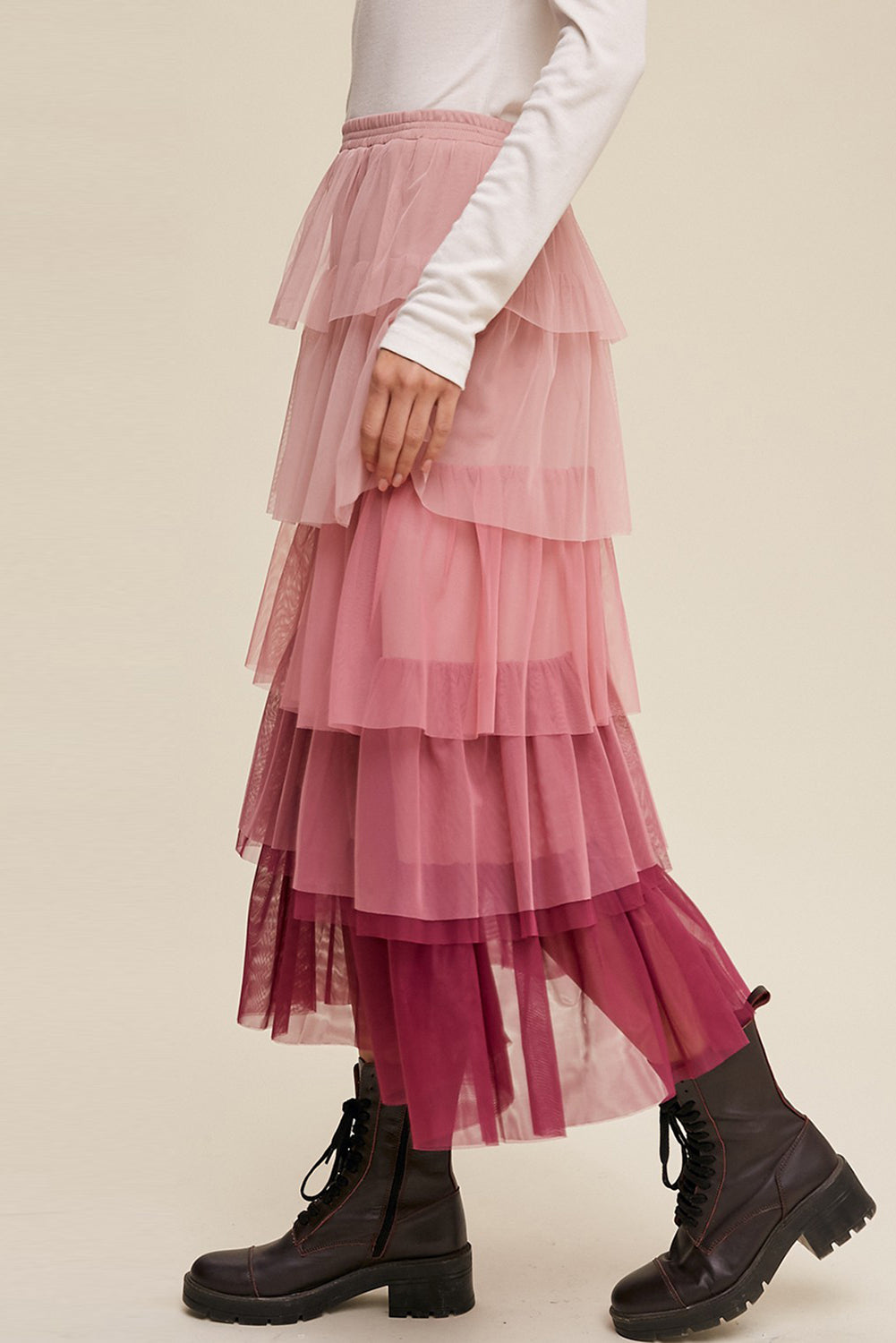 SYNZ Elastic Waist Layered Tulle Midi Skirt