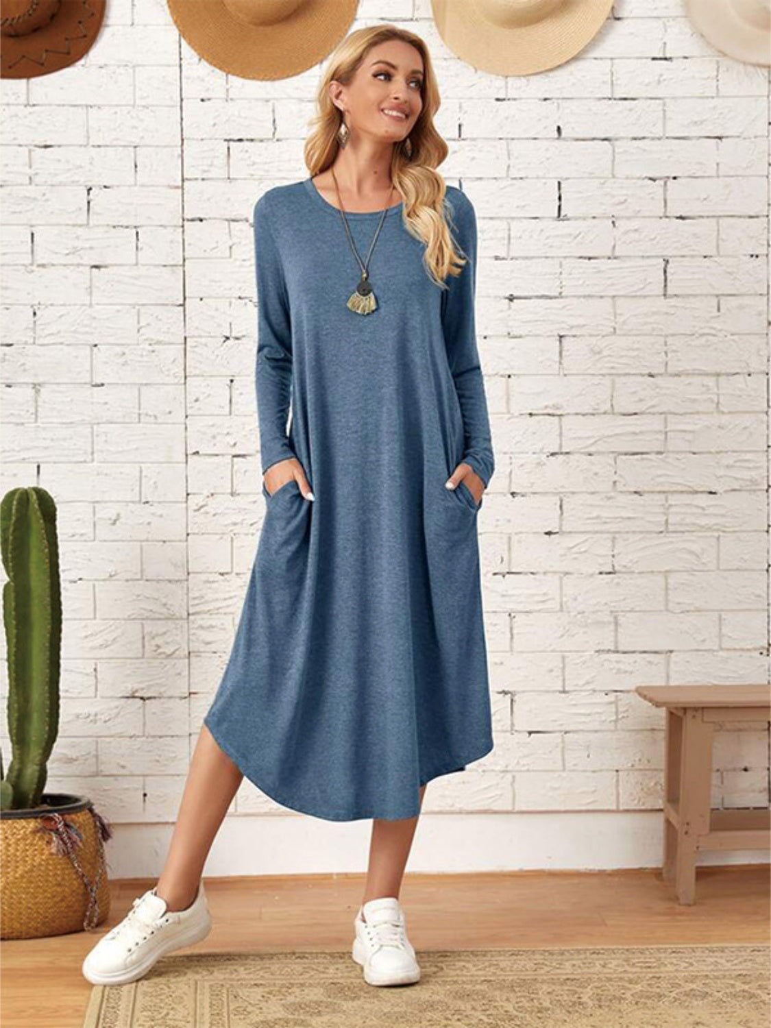 Pocketed Round Neck Long Sleeve Tee Dress **also in grey, black, burgundy, yellow green, and dusty blue