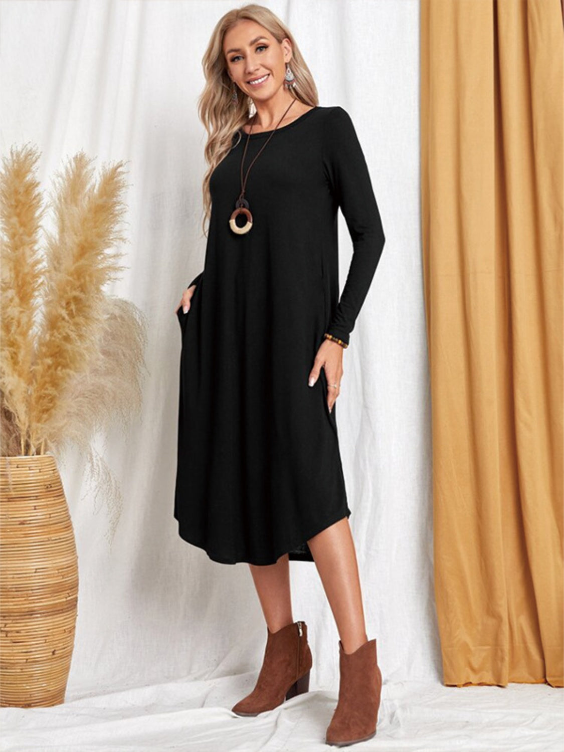 Pocketed Round Neck Long Sleeve Tee Dress **also in grey, black, burgundy, yellow green, and dusty blue