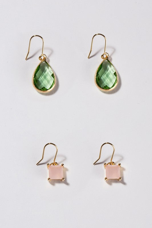 Lilou Stone Earring Set in Pink and Green