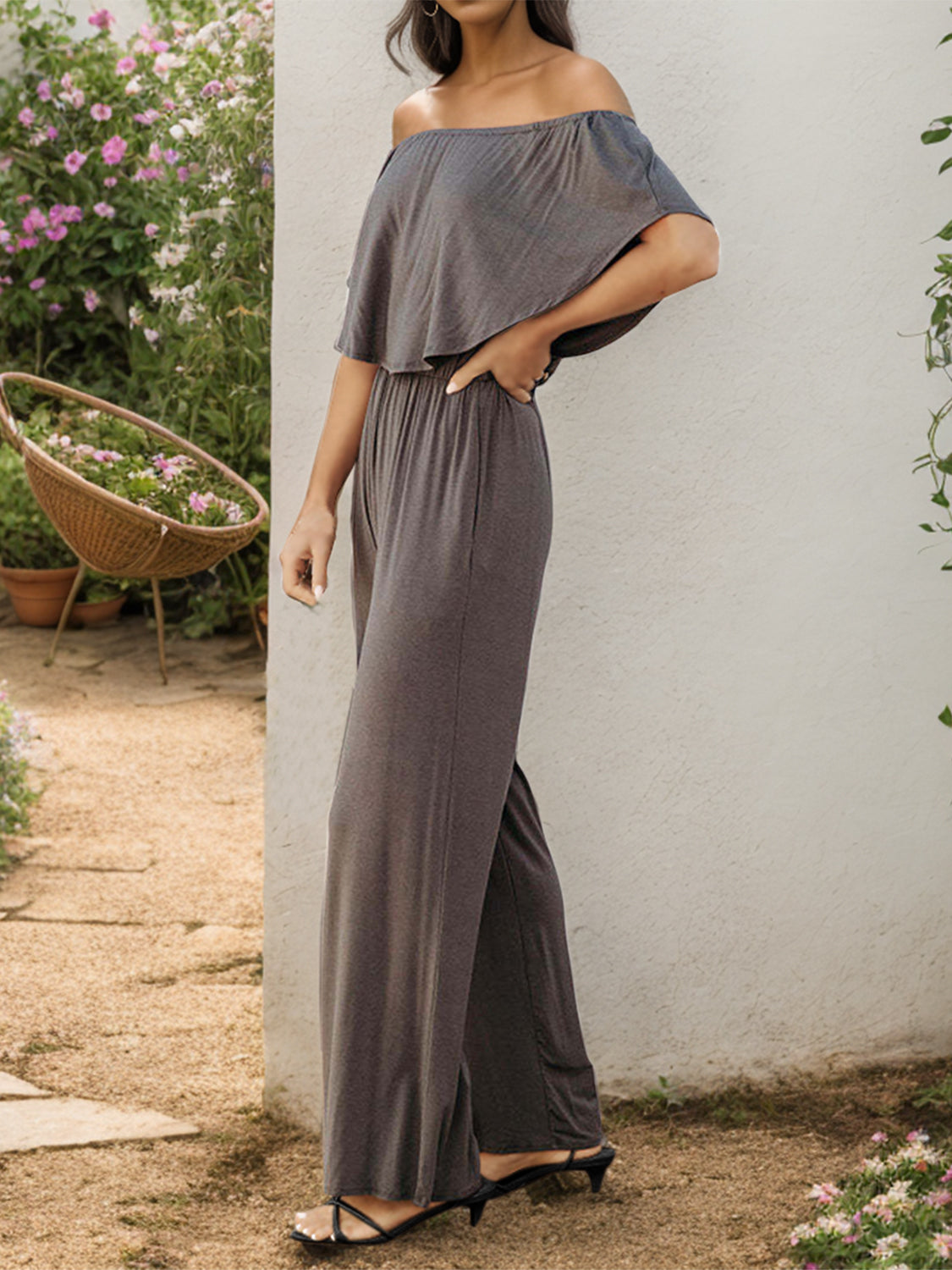 Off-Shoulder Wide Leg Jumpsuit with Pockets