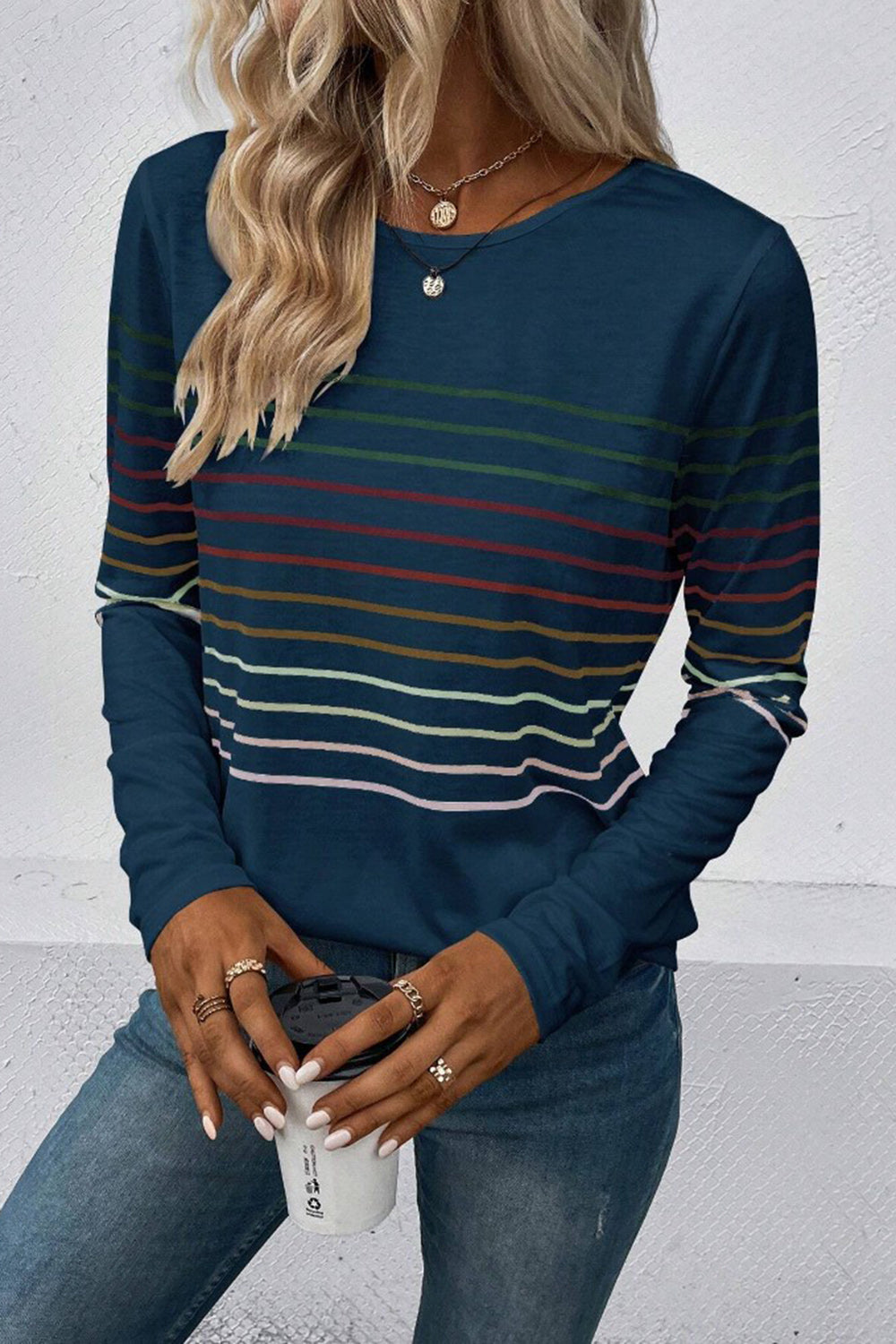 Striped Round Neck Long Sleeve T-Shirt **also in black, green, teal, grey, and burgundy