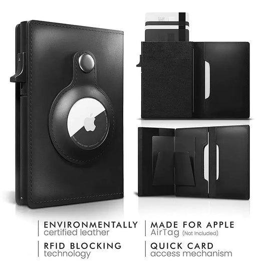 Genuine leather black airtag ready wallet with RFID blocking technology. 
