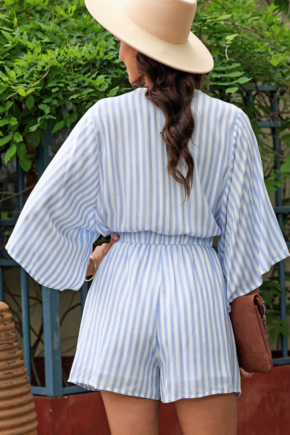 SYNZ Tied Striped Three-Quarter Sleeve Romper