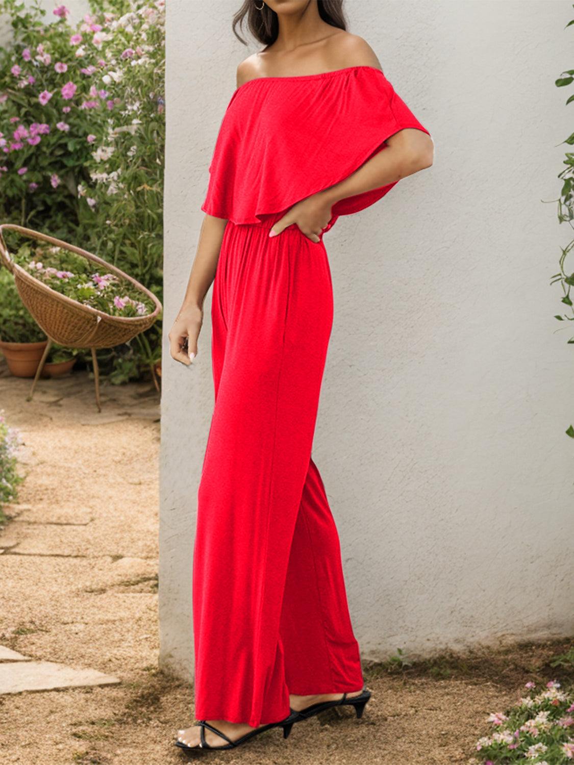 Off-Shoulder Wide Leg Jumpsuit with Pockets